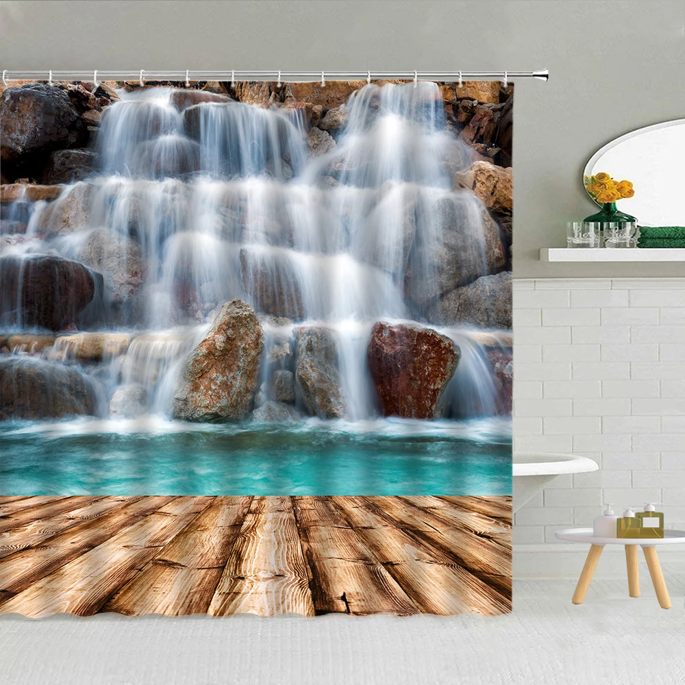 Cascata Blue Lake Scenery Tenda Da Doccia Rock Forest Flowers Uccelli Piante Verdi Paesaggio Primaverile Bagno Decor Ganci Tende