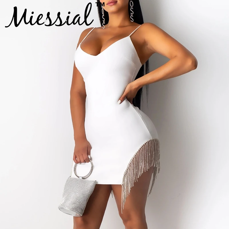 Miessial, сексуальное Белое платье с кисточками, для женщин, на тонких бретелях, мини, облегающее платье, Осень-зима, элегантные, вечерние, для клуба, платье, vestidos - Цвет: Белый