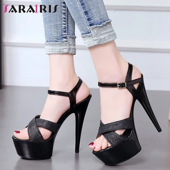 

SARAIRIS New Lady Sexy Heeled Evening Sandals Summer Super High Thin Heels Party Sandals Women Cool High Platform Shoes Woman