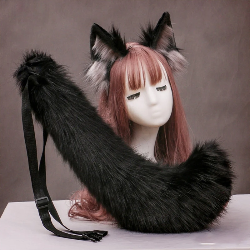 

Faux Fur Wolf Ears Headband and Furry Anmimal Long Tail Kit Cosplay Costume Set 449F