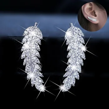 

CHUHAN Exquisite Gorgeous Feather Ear Rock Climbing Cufflinks Earrings Crystal Leaf Cluster Wedding Wedding Earrings