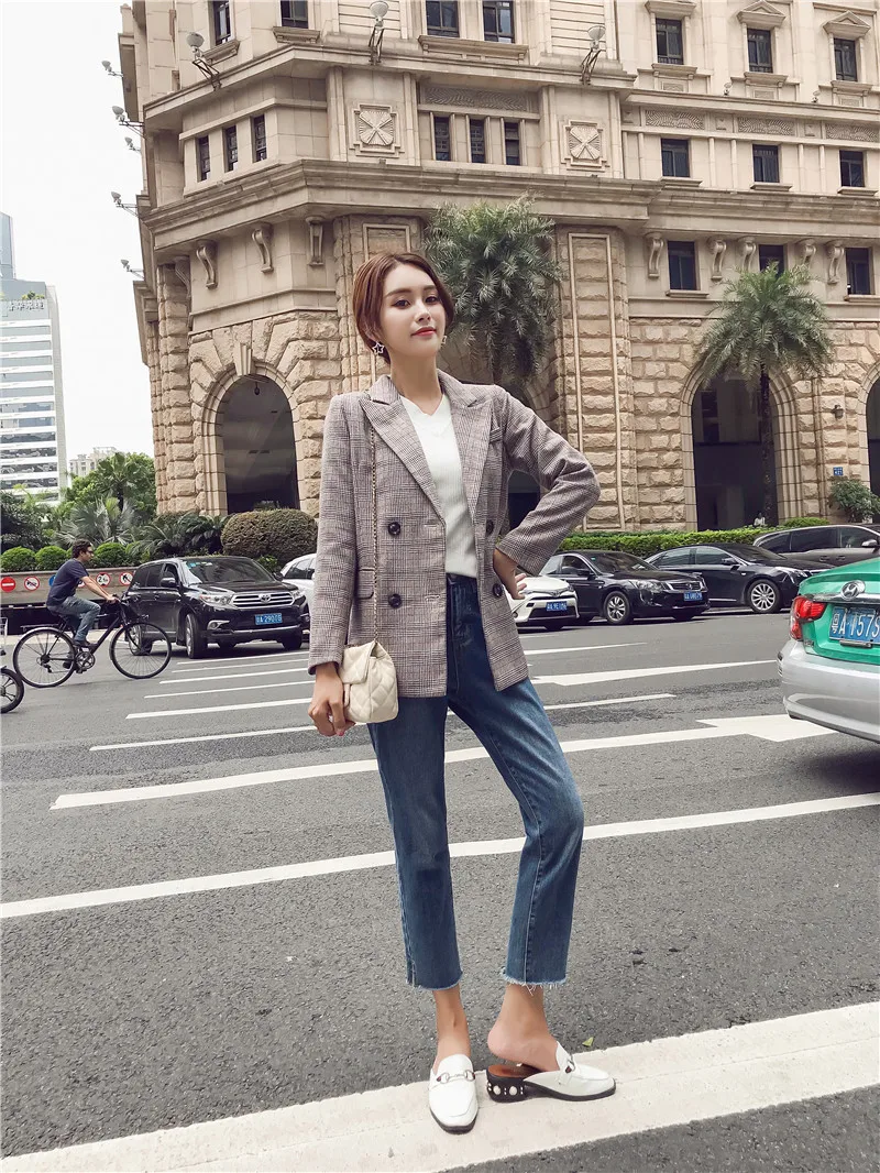 

Plaid Suit Jacket Women Long Sleeve Autumn Casual Loose-Fit Mid-length 2019 New Style CHIC Retro Pattern Suit