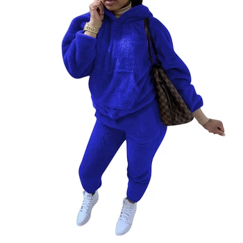 

2 Pcs Women Solid Color Outfits, Winter Casual Style Long Sleeve Hoodie with Front Pocket + Trousers