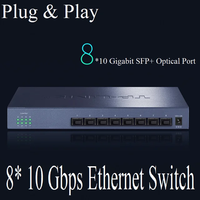 8* 10000Mbps SFP+ Optical Ports Desktop Ethernet Switch 10 Gigabit Ethernet Network Switch IEEE 802.3z 802.3ae 16K MAC address 1