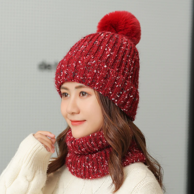 Зимние имитация норки вязание женские наборы шарф шапка женские шапки с искусственным помпон из лисьего меха толстые теплые женские шапки