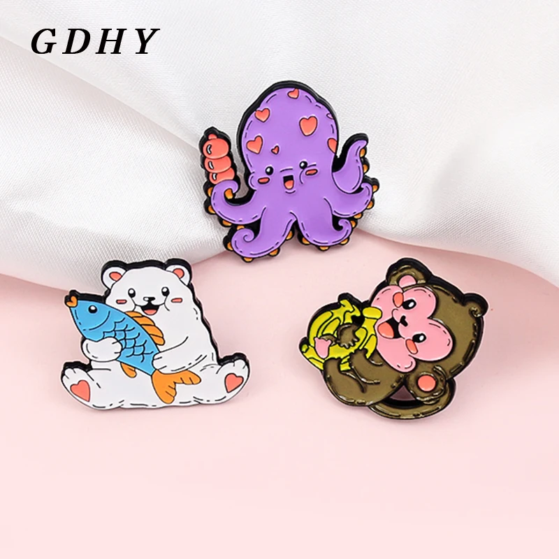 Gdhy Scimmia/Polpo/Orso Polare Smalto Spille Viola Polpo Scimmia Banana Orso Polare Distintivi Di Pesce Cappello Zaino Regalo Gioielli Personalizzati