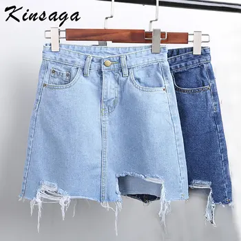 

Summer Streetwear Irregular Ripped Tassel Hem Mini Short Jeans Skirts Summer Spring Basic A-line Asymmetric Korea Skirt