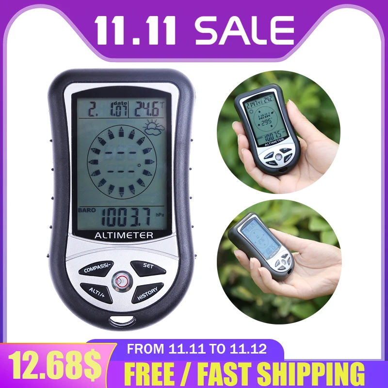 8 In 1 Handheld Electronic Navigation Compass Altitude Gauge Thermometer Barometer Outdoor Hiking Camping Fishing Compass