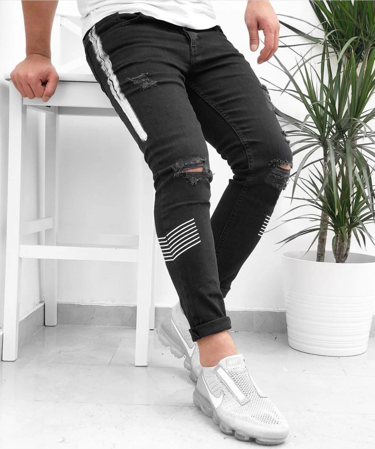

2020 Europe and America Men Tear with Holes Skinny Printed Elasticity Jeans MEN'S Jeans Jeans Black and White with Pattern Denim