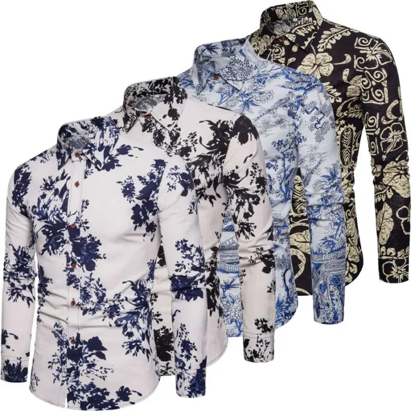 Новые модные весенне-осенние повседневные с отложным воротником Модные мужские цветочные кнопки Slim Fit рубашка с длинными рукавами Блузка Плюс Размер M-3XL