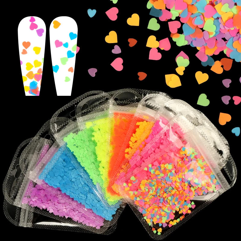 

10 Bags Fluorescence Love Heart Nail Art Sequins Set Neon Glitter Flakes 3D Manicure Design Nail Art Decoration Accessories Kit