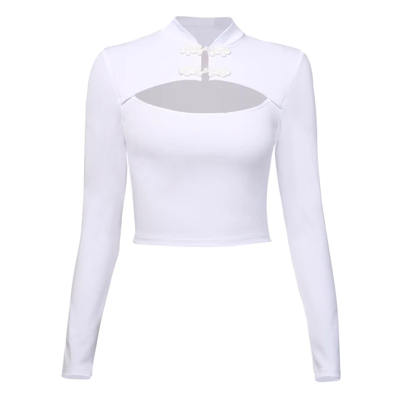 White InstaHot/белые открытые футболки в китайском стиле облегающие сексуальные готические панк с длинными рукавами осенние женские винтажный обрезанный Топы - Цвет: White