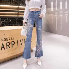 3D вышивка цветок бисер жемчуг Джинсы женские расклешенные эластичные повседневные брюки высокая Талия Длинные джинсы плюс размер q465