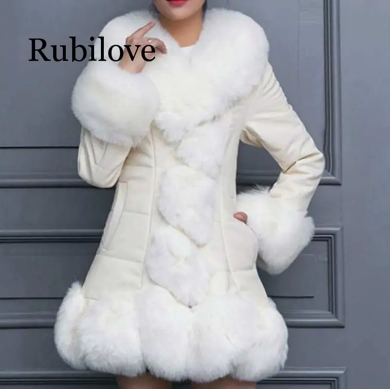 

Rubilove Thick Winter Coat Women's Leather Jacket Female Faux Fox Fur Collar PU Leather Jackets 4XL