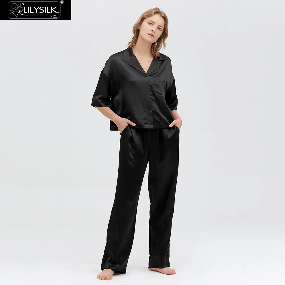 Black LilySilk шелковые пижамы комплект пуловер с коротким рукавом Новые женские - Цвет: Black