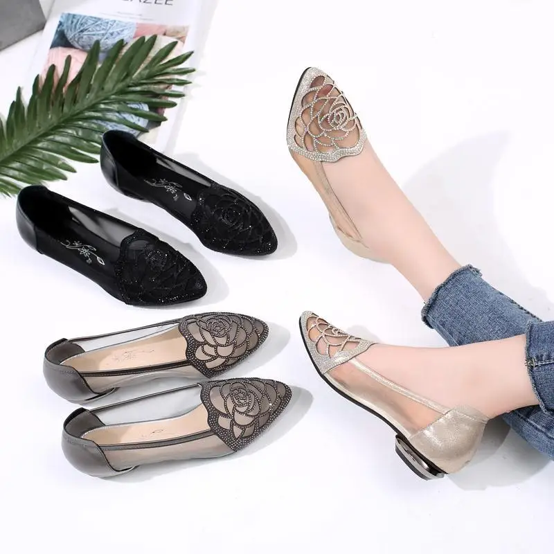 

New Style Sandals Women's 2018 Spring And Summer Autumn End in Chunky-Heel Closed-toe Hollow out Gauze Large Size Man-made Diamo