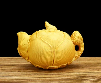 

3.1" Chinese Box-wood HandCarved Lotus Flower Toad Teapot Teakettle Small Statue
