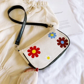 

Women Canvas Flower Crossbody Bag PU Leather Classic Texture Delicate Creative Design Chic Splicing Girl Small Shoulder Pouch