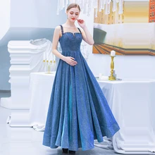 Платье для выпускного вечера с синими блестящими блестками, сексуальные женские вечерние платья с вырезом лодочкой, длинные платья трапециевидной формы с кристаллами без рукавов, Vestidos De Gala E608