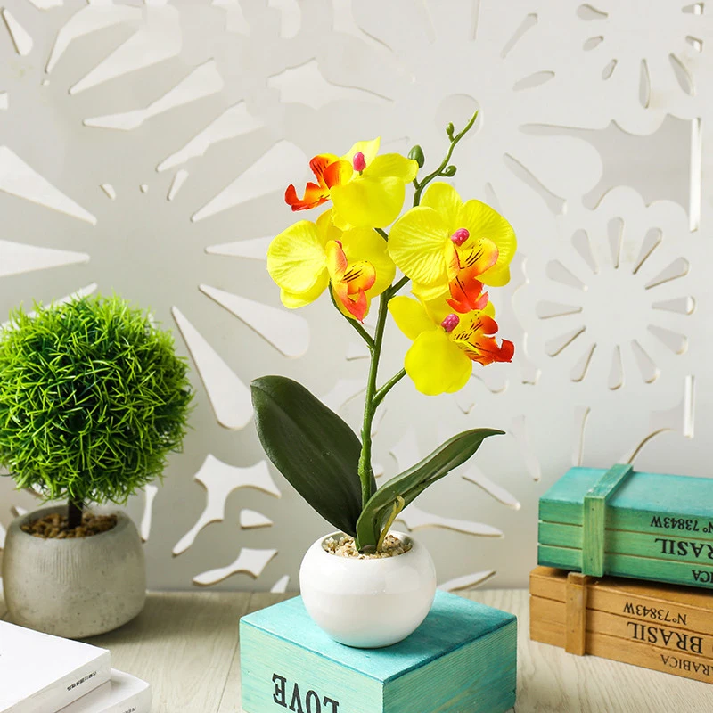 Artificial Flower Four Heads Fake Potted Plant Phalaenopsis Bonsai Decoration Cheap Fake Flowers For Home Wedding Decor Indoor