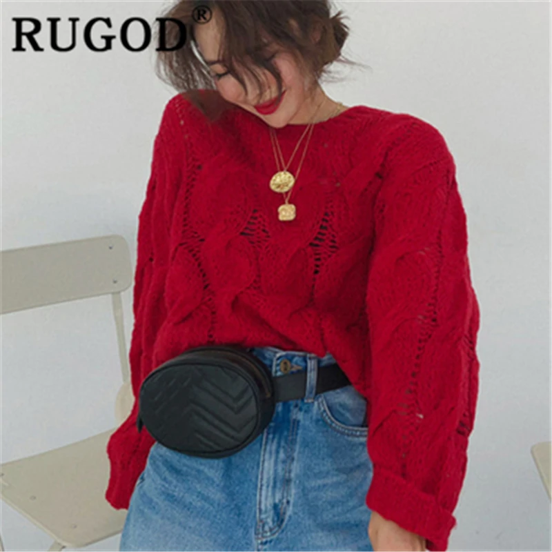 RUGOD новинка 2019 зимний Однотонный свитер с вырезами Женский пуловер круглым