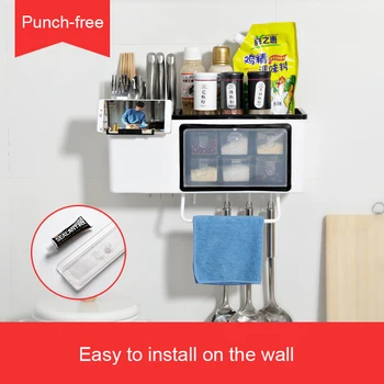 

Wall-mounted Without Punching Towel Holder Sauce Bottle Storage Rack Kitchen Storage Plastic Box Tableware Knife Organizer