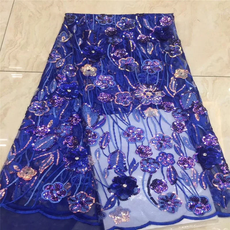 African Sequence Lace Fabric Sequin French Tulle Mesh Embroidered Royal Blue Flower 3d With Stone | Дом и сад