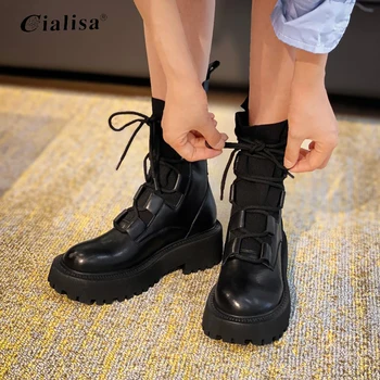 

CIALISA Ankle Boot Women Genuine Leather Platform Autumn Winter High Heel Boot Round Toe Lace Up Thick Heel New Women Shoes