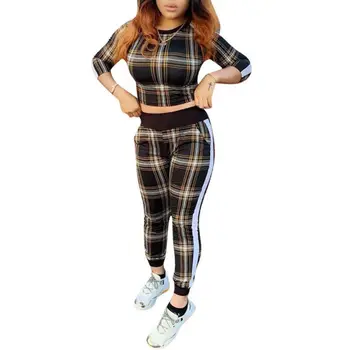 

Plaid Tops And Trousers Autumn Winter Ladies Womens Two-piece Tracksuit Cropped Top+Pant Trousers Outfits Sets Clothing