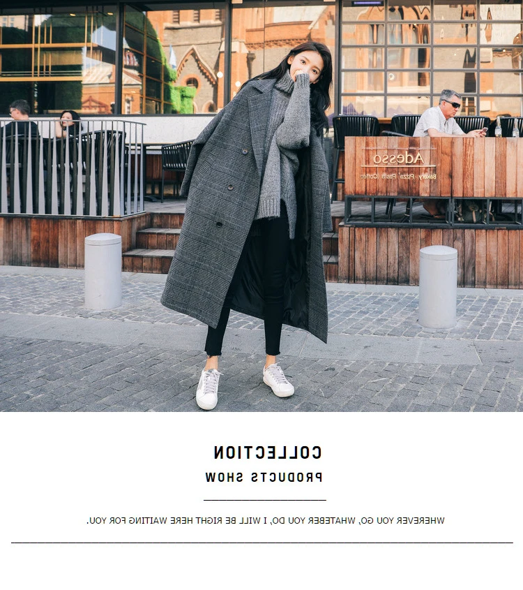 Женская элегантная Зимняя шерстяная клетчатая винтажная куртка большого размера, длинное Бандажное шерстяное пальто, кардиган размера плюс, Manteau Femme Hiver