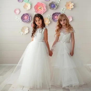 

White Pearls Flower Girl Dresses Sleeveless First Communication Dress Long Girl Birthday Formal Party Gown Custom Made