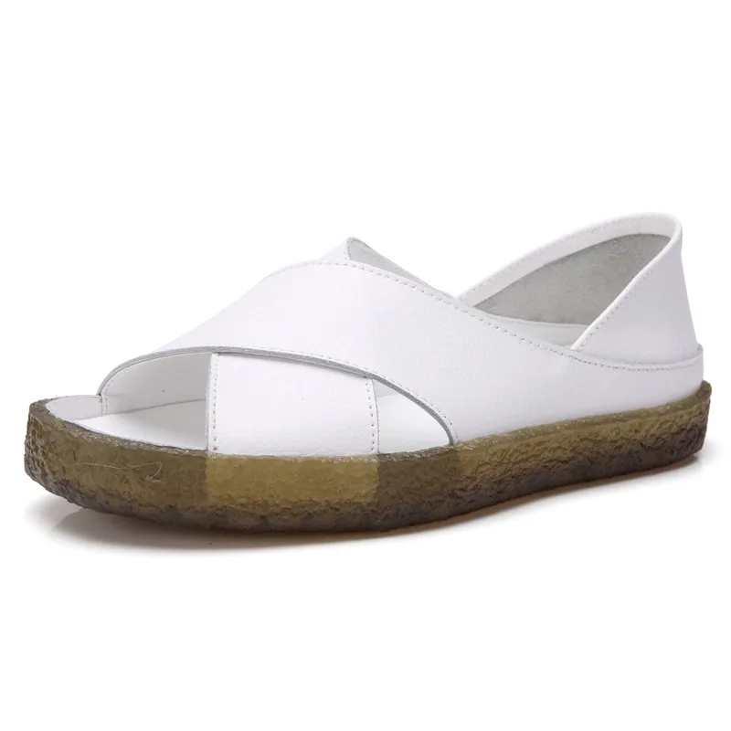 Летние модные женские туфли из натуральной кожи на плоской подошве; белые сандалии; женская обувь из водонепроницаемого материала; женские пляжные сандалии 44 размера плюс - Цвет: W-037
