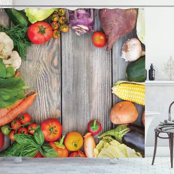 

Farmhouse Decor Collection, Various Vegetables on a Wooden Table Carrot Corn Cucumber Cabbage Agriculture Image, Polyester