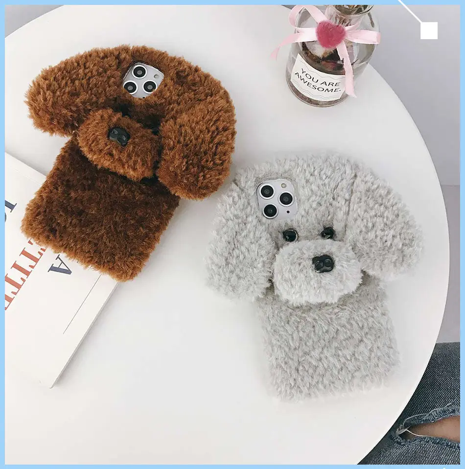 USLION 3D Cartooon Dog, теплый меховой чехол для телефона, для iPhone 11 Pro Max X XS XR Xs Max 7 8 Plus, мягкий силиконовый чехол из ТПУ