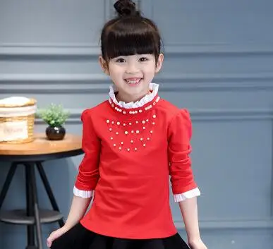 redpearl no fleece MERI AMMI/модная детская одежда для девочек теплая флисовая футболка с кружевом свитер с высоким воротником для девочек от 3 до 9 лет J492 - Цвет: redpearl no fleece