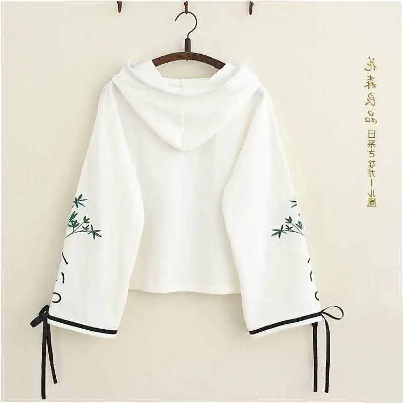Японская Кофта женская элегантная бамбуковая Вышивка высокого качества Kawaii толстовки милые белые толстовки пуловер с длинными рукавами для девочек