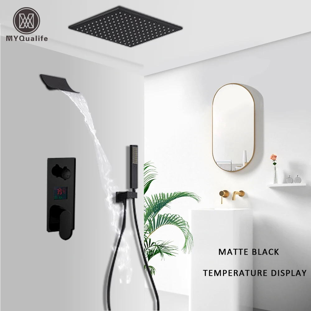 Bathroom Shower Faucet Set Waterfall Matte Black Bathroom Shower Faucet Black Digital Shower Faucets Set Rainfall Head Digital Display Mixer Tap