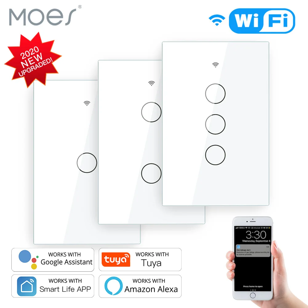 

Smart Glass Panel Switch Smart Life/Tuya App Multi-Control Association, Voice Control with Alexa,Google Home,1/2/3 Gang