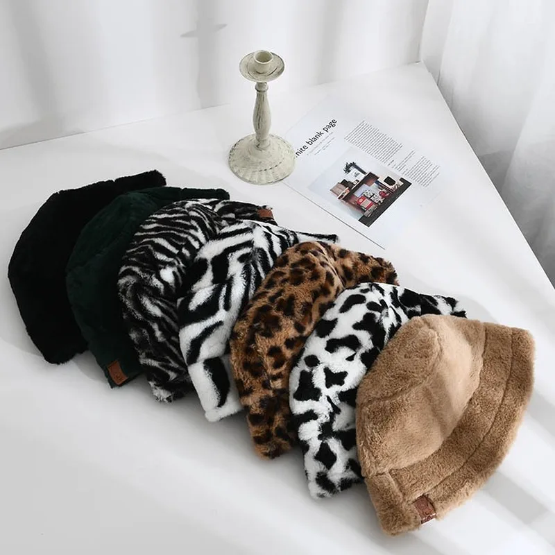 Fashion Faux Fur Leopard Cow Print Bucket Hats Women Winter Panama Fisherman Cap DM1058 | Аксессуары для одежды
