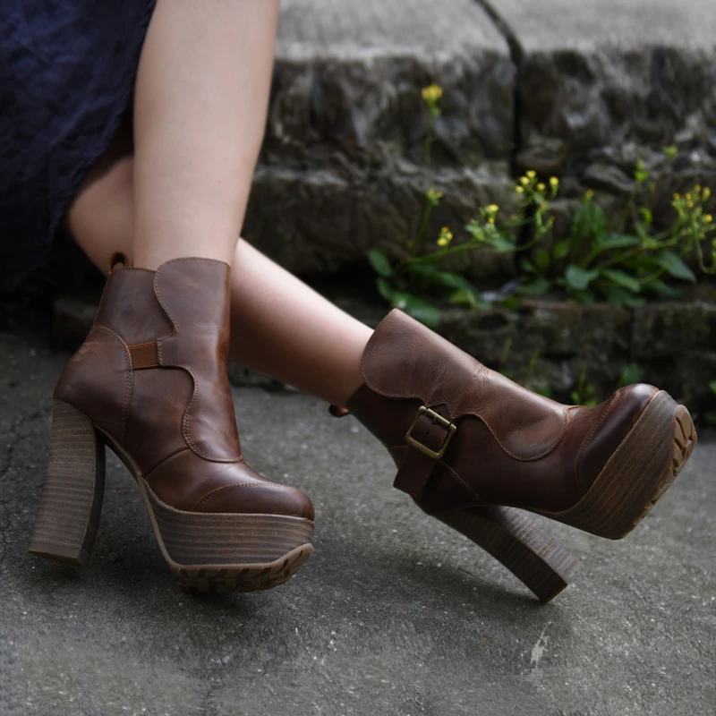 Artmu Original Women Boots 11 cm Super High Heel Pumps Genuine Leather Comfort Round Toe Buckle High Heels Boots Fashion Brown