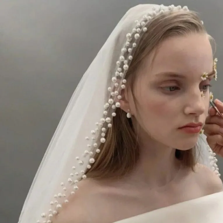Pearls Beads 1.5 Meter Width 3 Meter Long Bride veil cape mariage femme اكسسوارات الزفاف