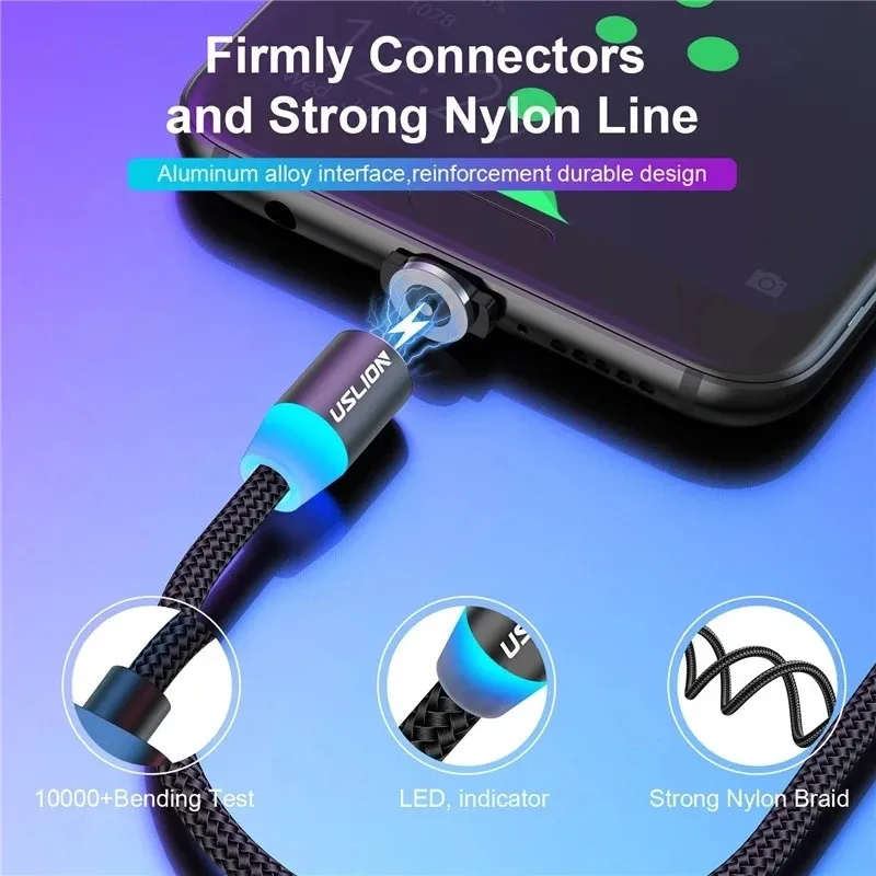 Магнитный USB кабель USLION со светодиодной подсветкой Type C для быстрой зарядки