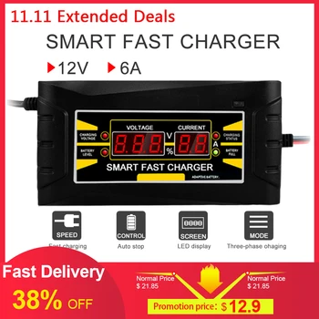 

Automatic Car Battery Charger 150V/250V To 12V 6A Smart Fast Power Charging For Wet Dry Lead Acid Digital LCD Display