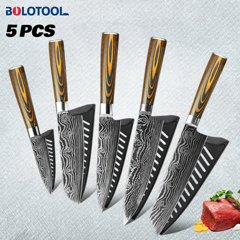 

5Pcs Kitchen Knife Set Laser Damascus 7CR17 Stainless Steel Japanese Chef Santoku Utility Fruit Kiritsuke Meat Cleaver Knives