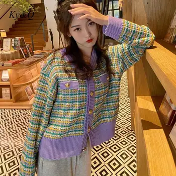 

High Quality Vintage Line Check Jacket Single Knitted Breasted V-neck Button Cardigan Luxury Brand Sweater Clothing 2020