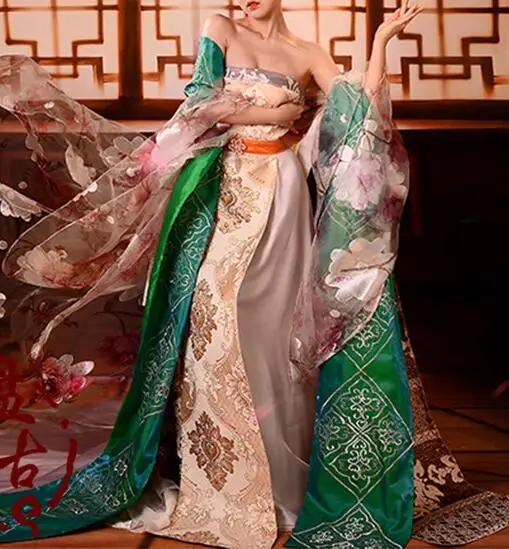 Зеленый Китайская традиционная элегантная Сексуальная Hanfu фильм ТВ портретная тема античный Тан песня юань династия Мин шифон вышитая королева - Цвет: Зеленый