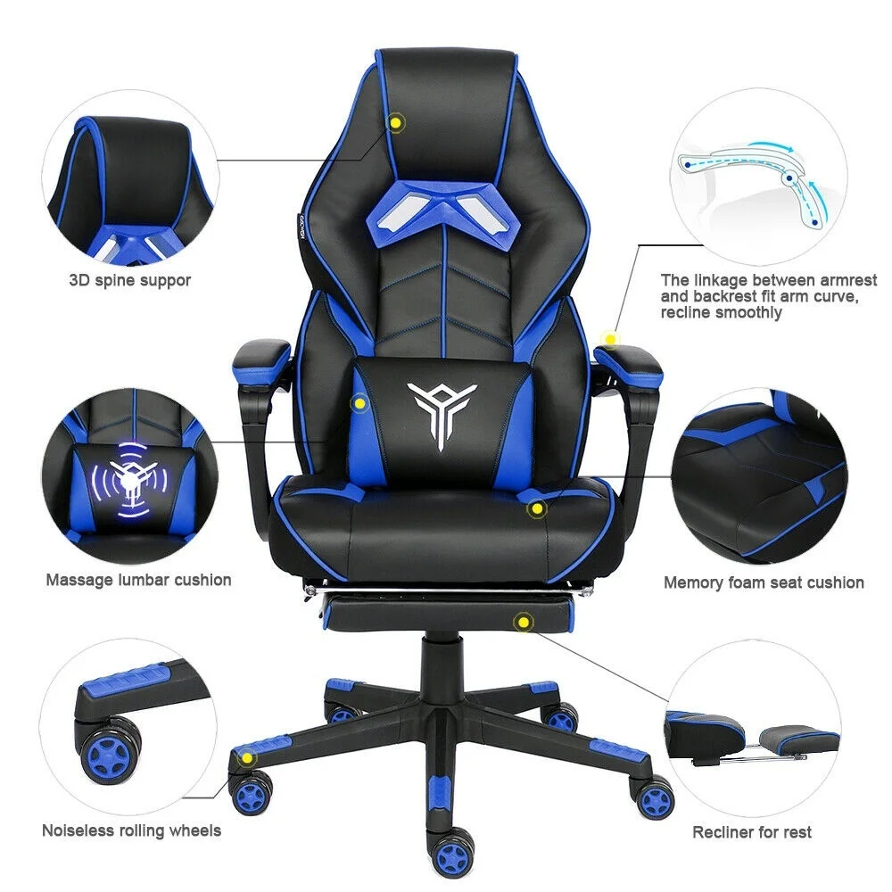  Racing Gaming Chair Computer Office Adjustable Swivel Recliner PU Leather Seat