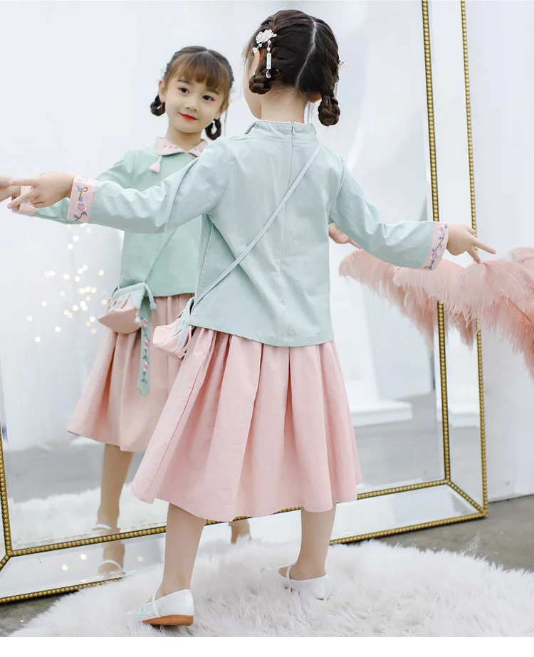 Hanfu/теплые зимние топы для девочек от 3 до 12 лет+ юбка+ сумка, комплект из 3 предметов, детская одежда в стиле ретро китайские традиционные костюмы с вышивкой на Хэллоуин
