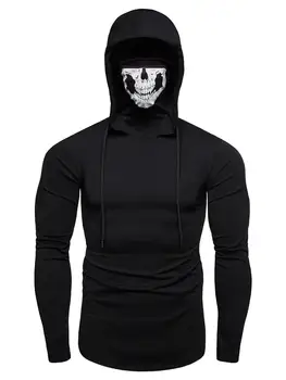 

Skull Mask Drawstring Zip Hem Hooded T Shirt
