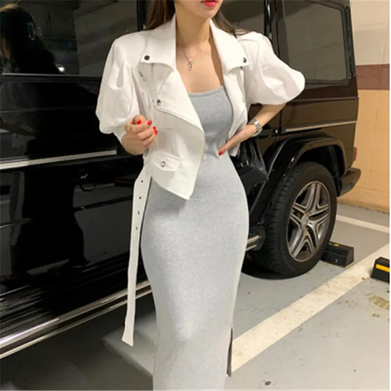Ins Korean Style Hot Autumn Simple Basic Elegant Jackets Belt Turn-down Collar Sleevsless Vest Solid Moto Biker | Женская одежда